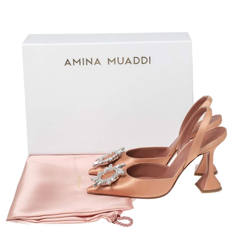 Pre Owned Amina Muaddi Rose Gold Satin Begum Slingback Pumps Size 36 