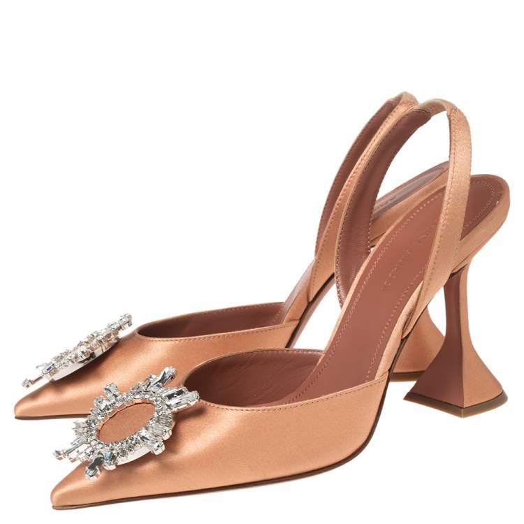 Pre Owned Amina Muaddi Rose Gold Satin Begum Slingback Pumps Size 36 