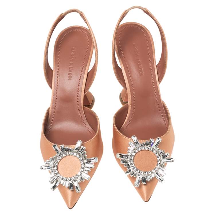 Pre Owned Amina Muaddi Rose Gold Satin Begum Slingback Pumps Size 36 