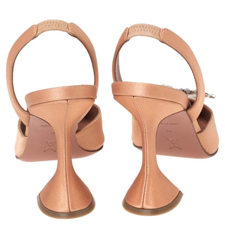 Pre Owned Amina Muaddi Rose Gold Satin Begum Slingback Pumps Size 36 