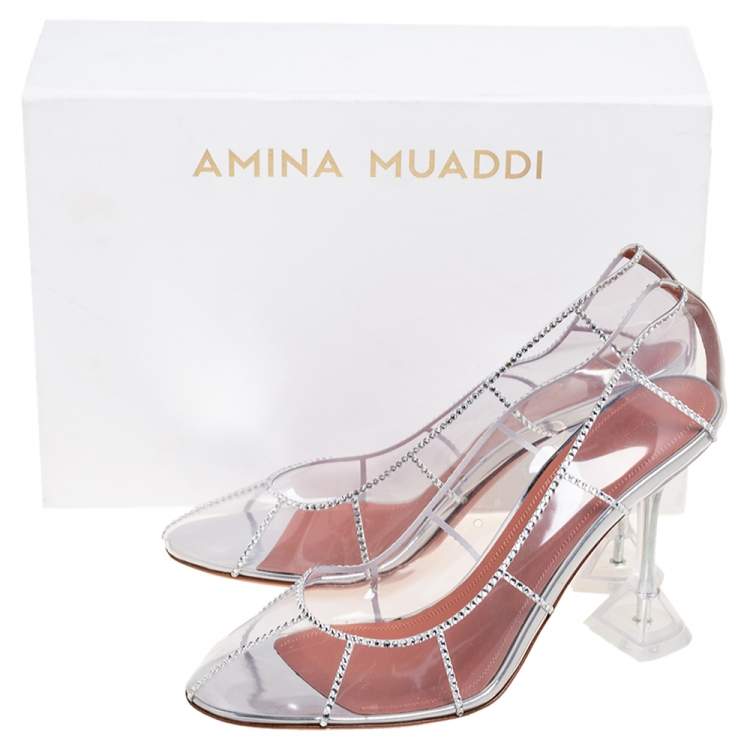 مملوكة مسبقًا Amina Muaddi Silver Crystal Embellished PVC Kitty Glass Pumps Size 40.5