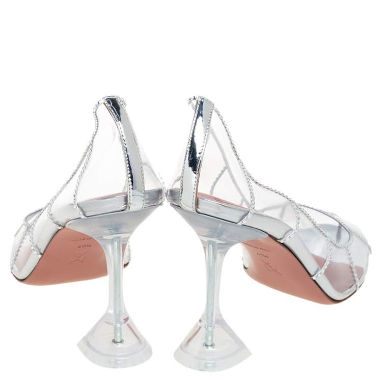مملوكة مسبقًا Amina Muaddi Silver Crystal Embellished PVC Kitty Glass Pumps Size 40.5