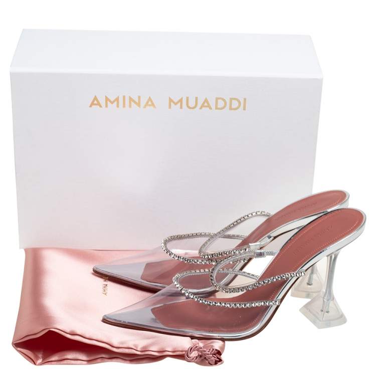 Pre Owned Amina Muaddi Silver Crystal Embellished PVC Gilda Glass Pointed-Toe Mules Size 39