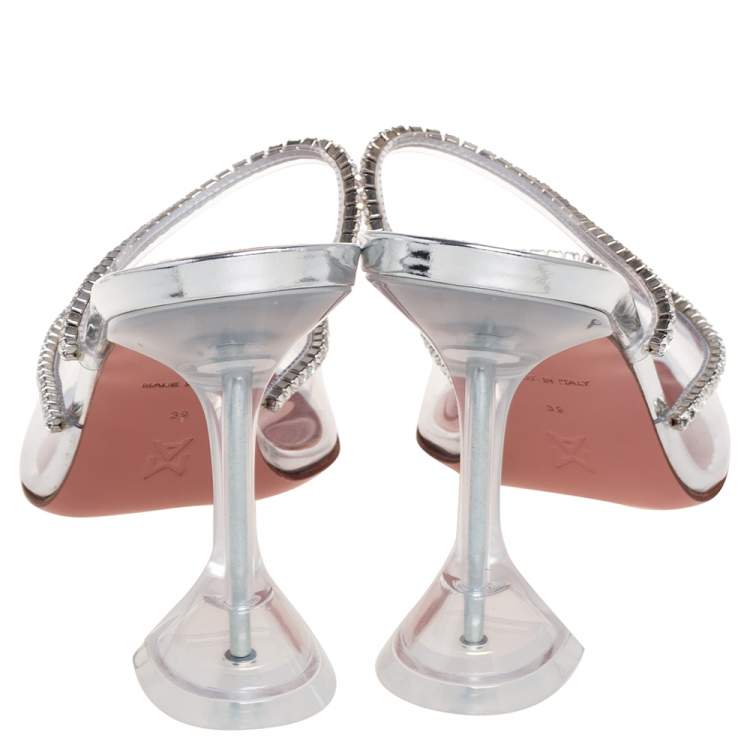 Pre Owned Amina Muaddi Silver Crystal Embellished PVC Gilda Glass Pointed-Toe Mules Size 39