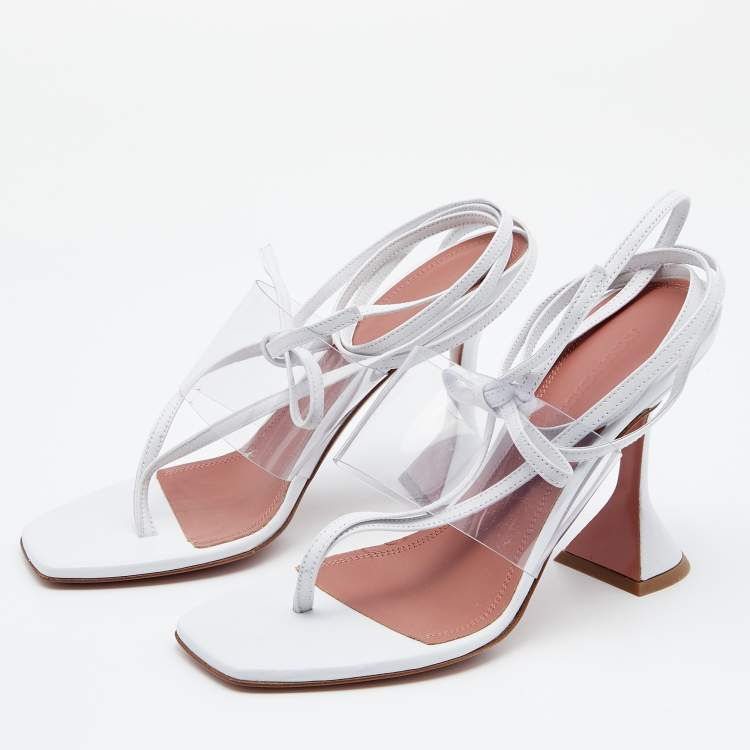 Pre Owned Amina Muaddi White Leather And PVC Ankle Wrap Sandals Size 36.5
