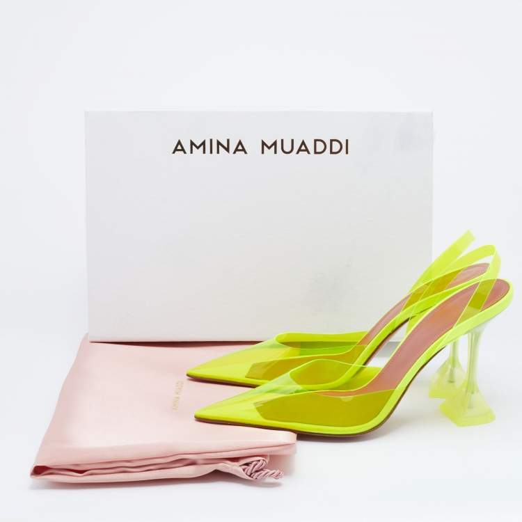 Pre Owned Amina Muaddi Neon Yellow PVC Holli Glass Slingback Sandals Size 40