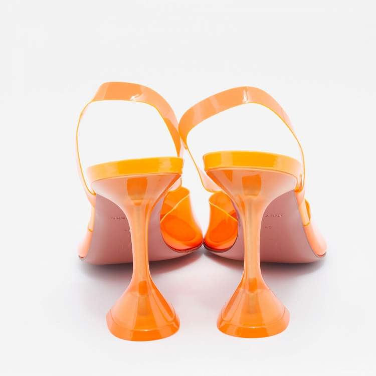 Pre Owned Amina Muaddi Neon Orange PVC Holli Glass Slingback Sandals Size 40