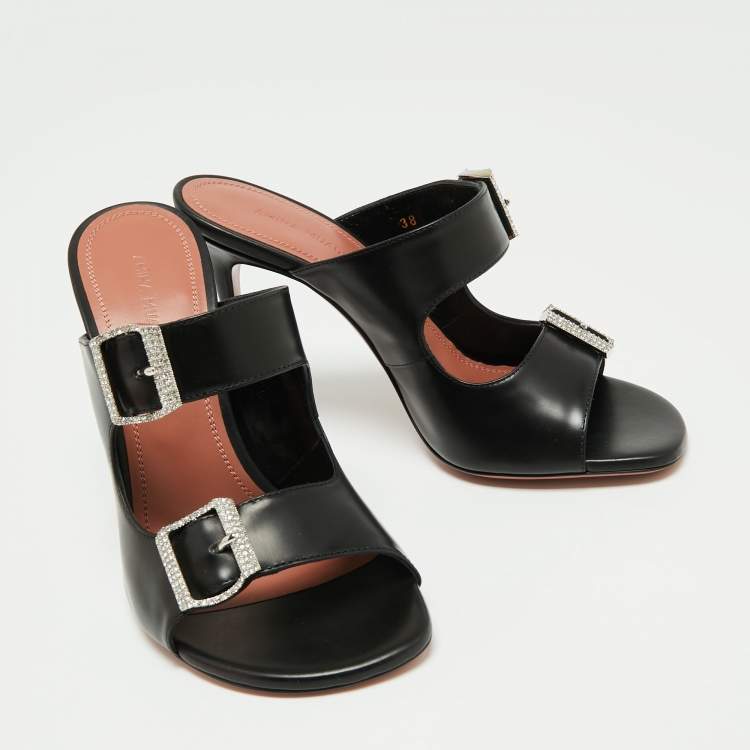 Pre Owned Amina Muaddi Black Leather Millie Crystal Embellished Sandals Size 38