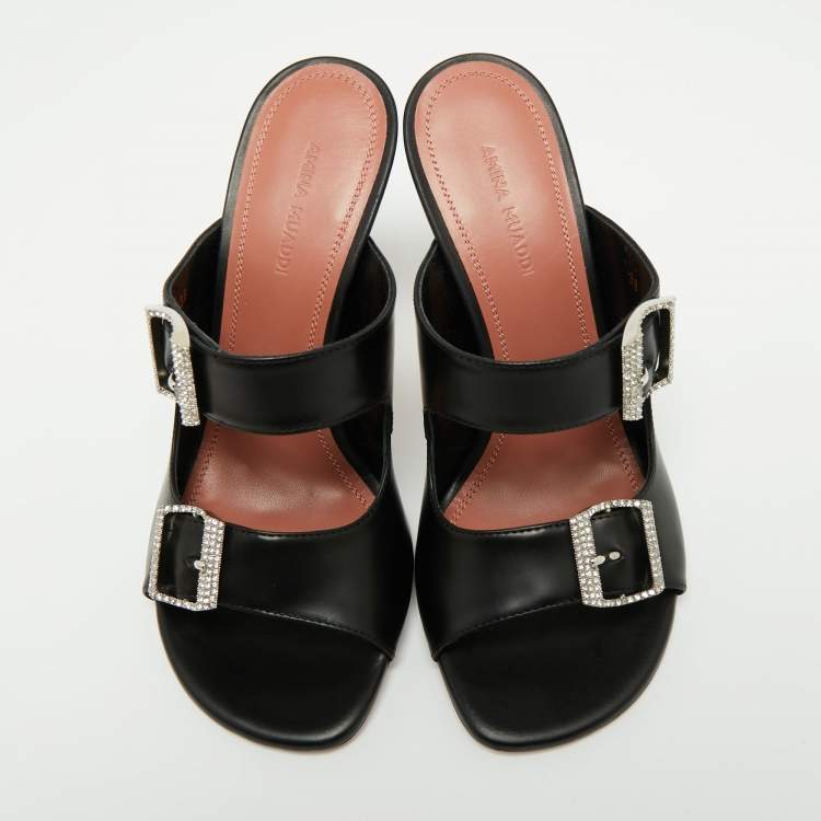 Pre Owned Amina Muaddi Black Leather Millie Crystal Embellished Sandals Size 38