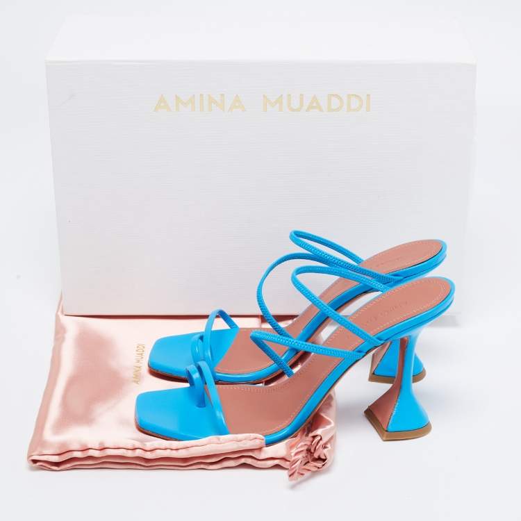 Pre Owned Amina Muaddi Blue Leather Naima Fluo Sandals Size 37.5