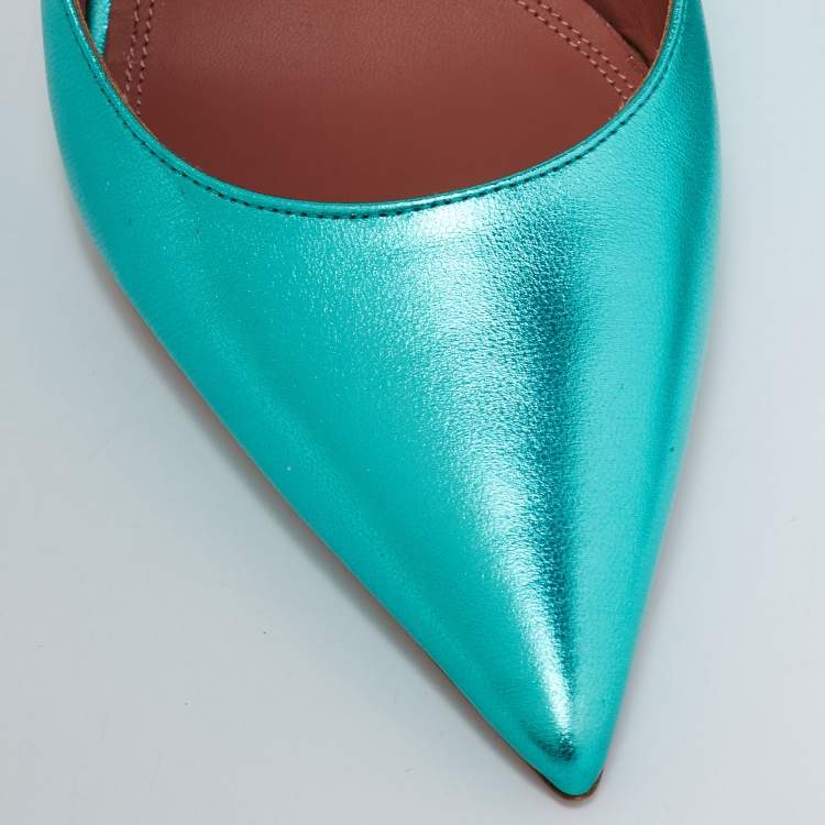 Pre Owned Amina Muaddi Green Leather Embellished Karma Pumps Size 38