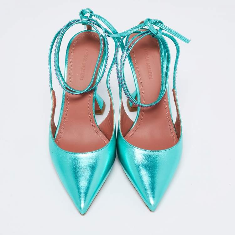 Pre Owned Amina Muaddi Green Leather Embellished Karma Pumps Size 38