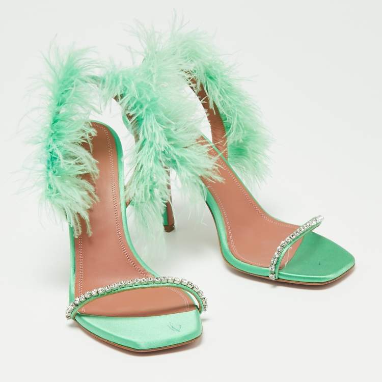 Pre Owned Amina Muaddi Green Satin Crystal Embellished And Feather Adwoa Slingback Sandals Size 38
