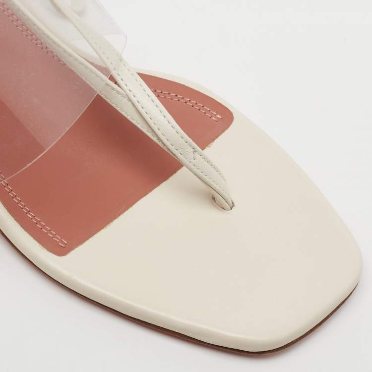 Pre Owned Amina Muaddi Cream Leather and PVC Zula Ankle Tie Sandals Size 37.5