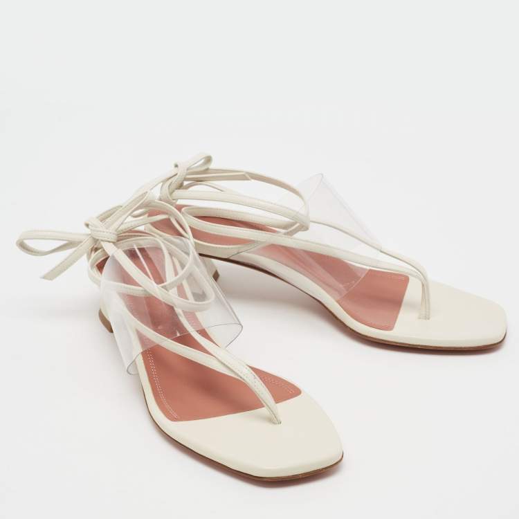 Pre Owned Amina Muaddi Cream Leather and PVC Zula Ankle Tie Sandals Size 37.5