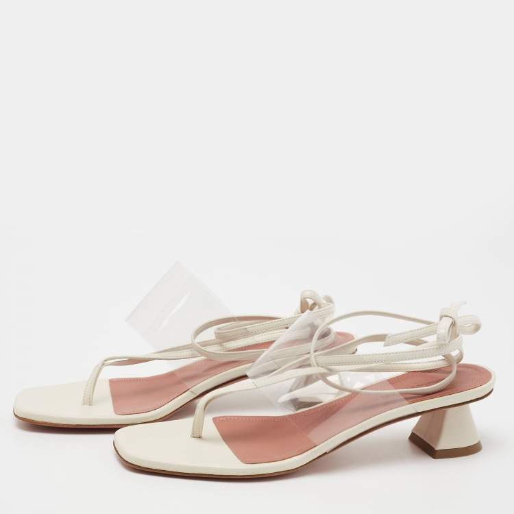 Pre Owned Amina Muaddi Cream Leather and PVC Zula Ankle Tie Sandals Size 37.5