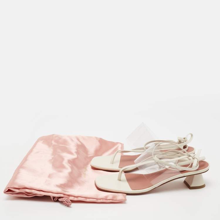 Pre Owned Amina Muaddi Cream Leather and PVC Zula Ankle Tie Sandals Size 37.5