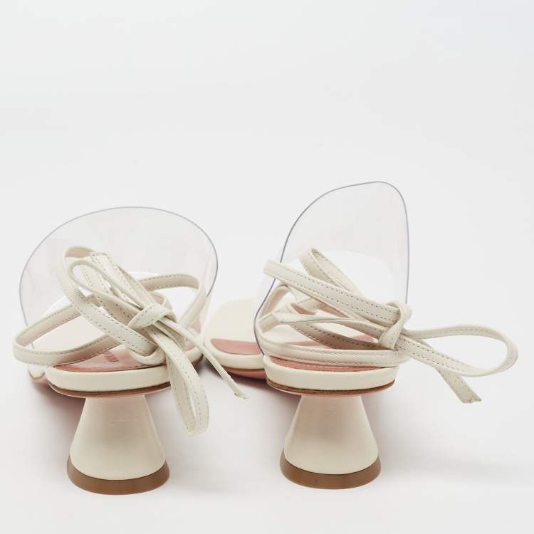 Pre Owned Amina Muaddi Cream Leather and PVC Zula Ankle Tie Sandals Size 37.5
