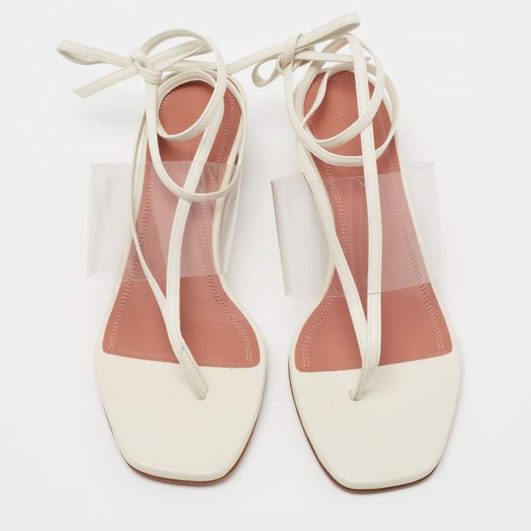 Pre Owned Amina Muaddi Cream Leather and PVC Zula Ankle Tie Sandals Size 37.5