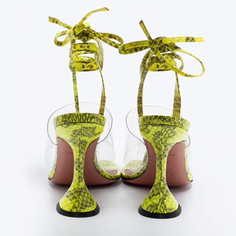 Pre Owned Amina Muaddi Neon Yellow/Grey Embossed Snakeskin Leather and PVC Zula Ankle Tie Sandals Size 37.5