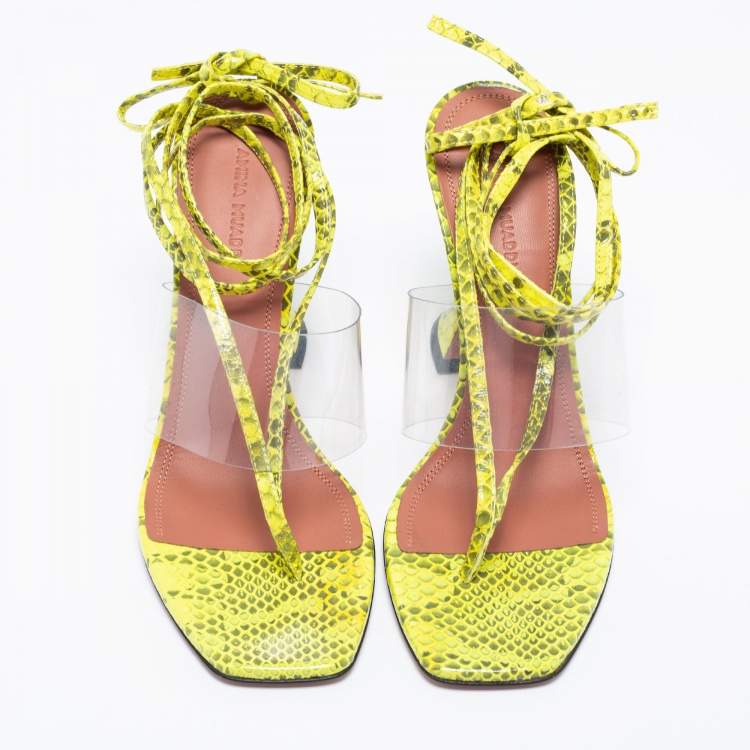 Pre Owned Amina Muaddi Neon Yellow/Grey Embossed Snakeskin Leather and PVC Zula Ankle Tie Sandals Size 37.5