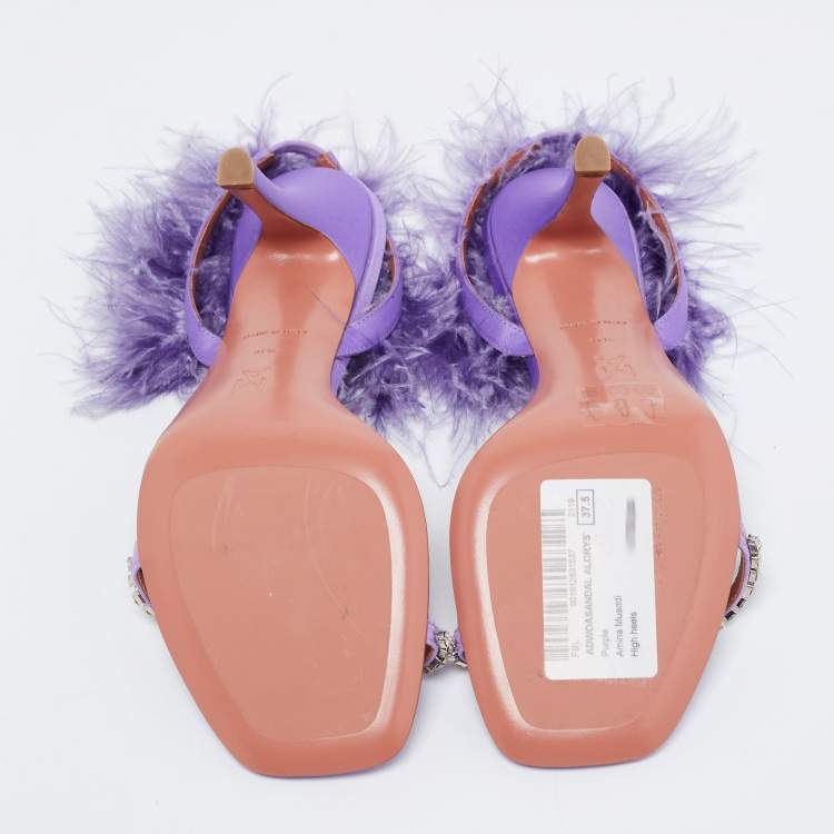 مملوكة مسبقًا Amina Muaddi Purple Satin Crystal Embellished And Feather Adwoa Slingback Sandals Size 37.5