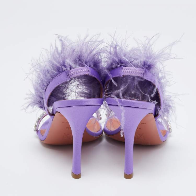 مملوكة مسبقًا Amina Muaddi Purple Satin Crystal Embellished And Feather Adwoa Slingback Sandals Size 37.5