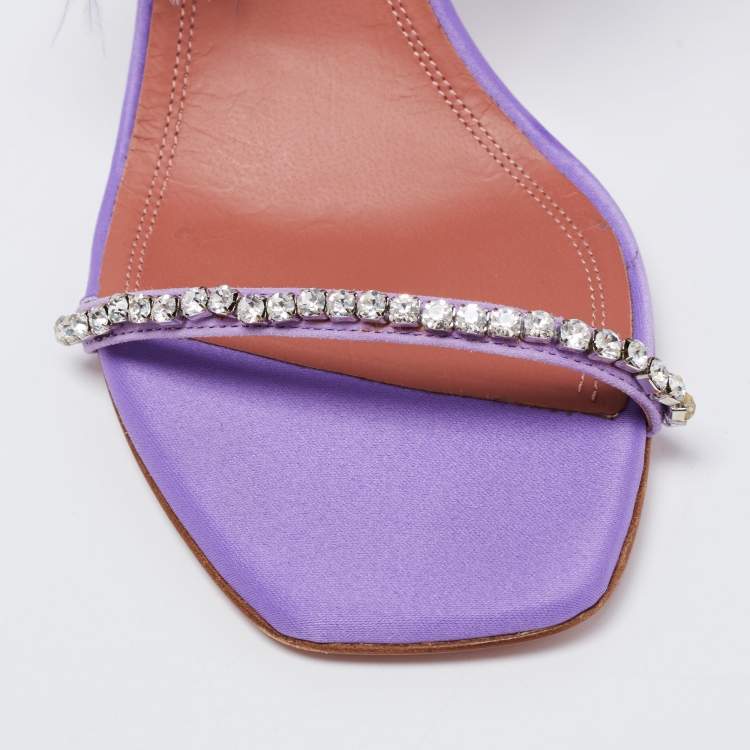 مملوكة مسبقًا Amina Muaddi Purple Satin Crystal Embellished And Feather Adwoa Slingback Sandals Size 37.5
