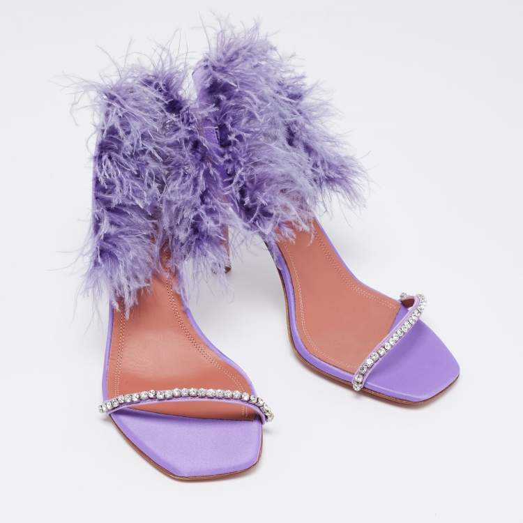 مملوكة مسبقًا Amina Muaddi Purple Satin Crystal Embellished And Feather Adwoa Slingback Sandals Size 37.5