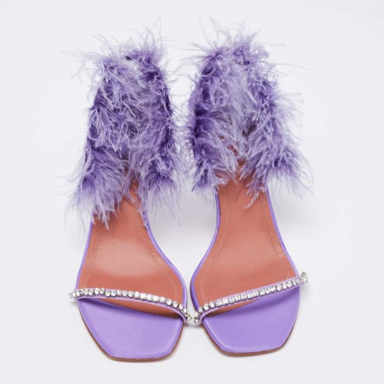 مملوكة مسبقًا Amina Muaddi Purple Satin Crystal Embellished And Feather Adwoa Slingback Sandals Size 37.5