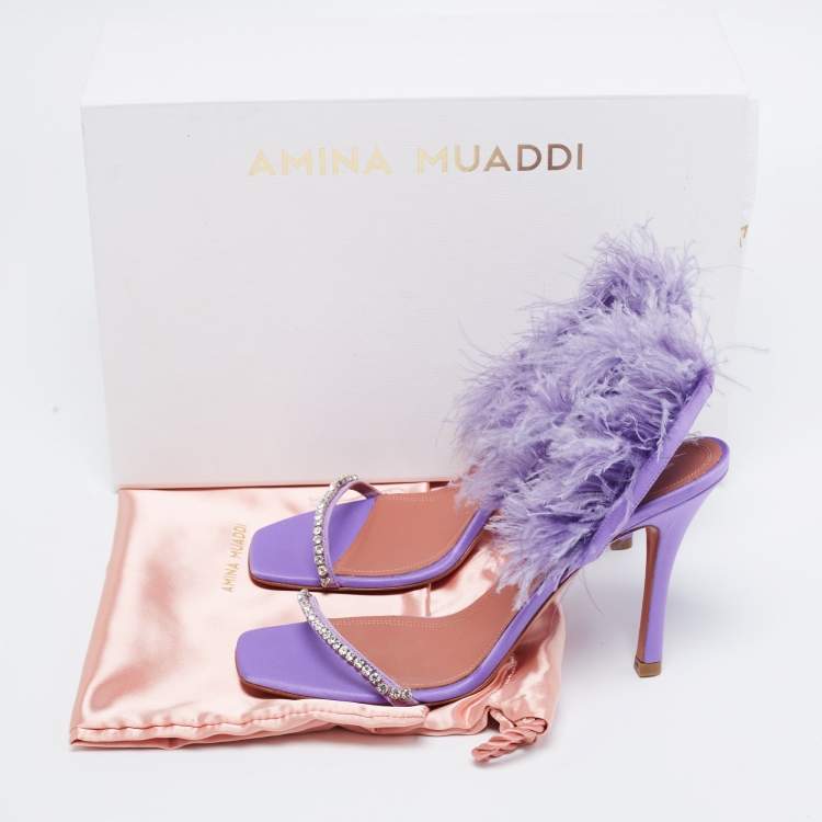 مملوكة مسبقًا Amina Muaddi Purple Satin Crystal Embellished And Feather Adwoa Slingback Sandals Size 37.5