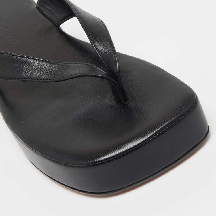 Pre Owned Amina Muaddi Black Leather Johana Platform Thong Sandals Size 37.5 