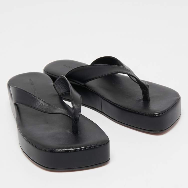 Pre Owned Amina Muaddi Black Leather Johana Platform Thong Sandals Size 37.5 