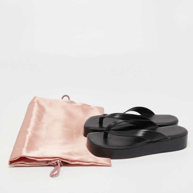 Pre Owned Amina Muaddi Black Leather Johana Platform Thong Sandals Size 37.5 