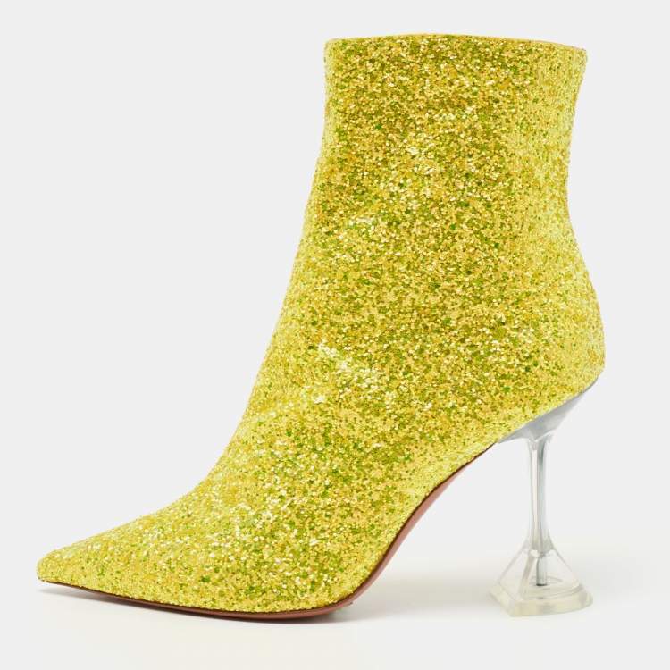 Pre Owned Amina Muaddi Yellow Coarse Glitter Giorgia Ankle Boots Size 37