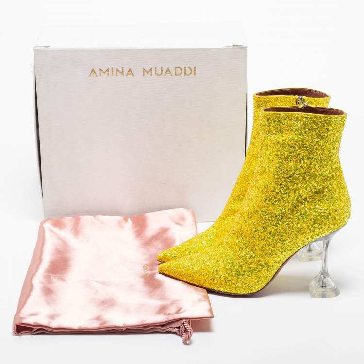 Pre Owned Amina Muaddi Yellow Coarse Glitter Giorgia Ankle Boots Size 38