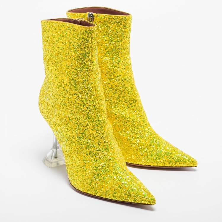 Pre Owned Amina Muaddi Yellow Coarse Glitter Giorgia Ankle Boots Size 38