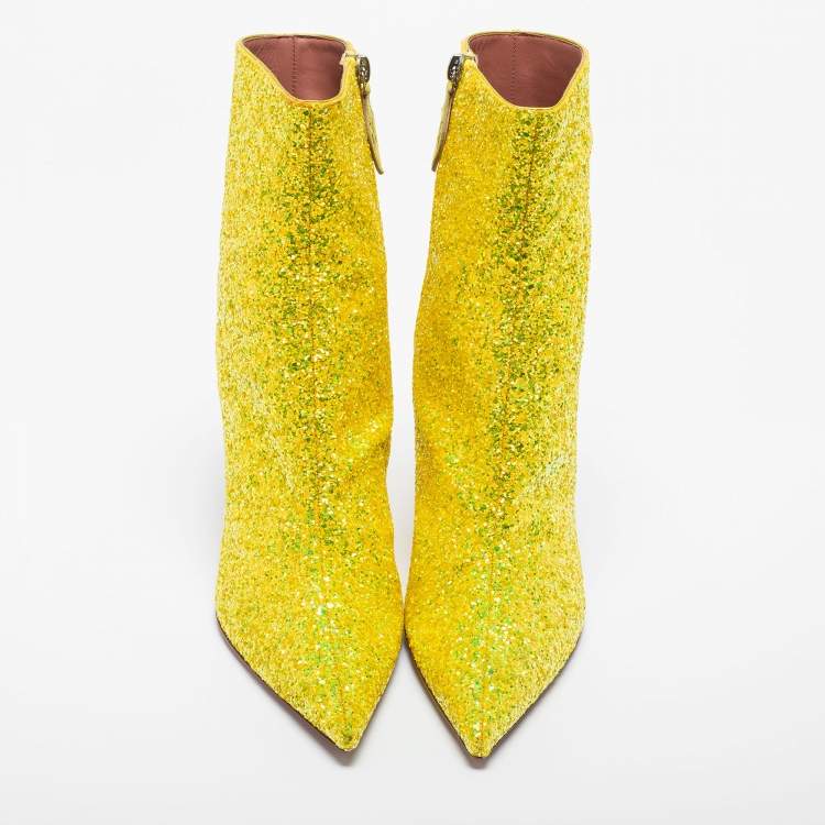 Pre Owned Amina Muaddi Yellow Coarse Glitter Giorgia Ankle Boots Size 38