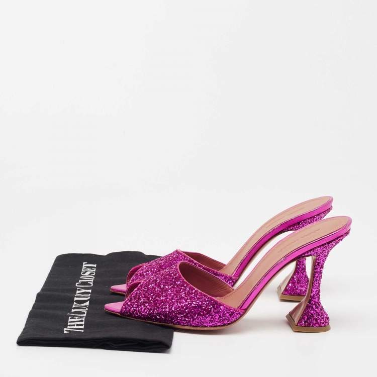 Pre Owned Amina Muaddi Purple Coarse Glitter Caroline Slide Sandals Size 39