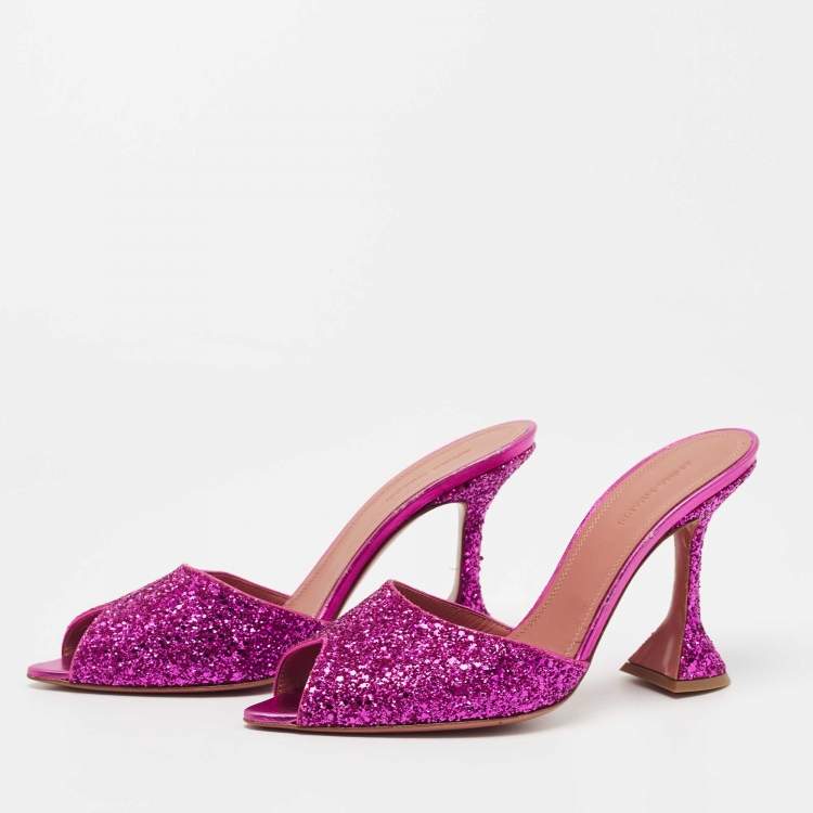 Pre Owned Amina Muaddi Purple Coarse Glitter Caroline Slide Sandals Size 39