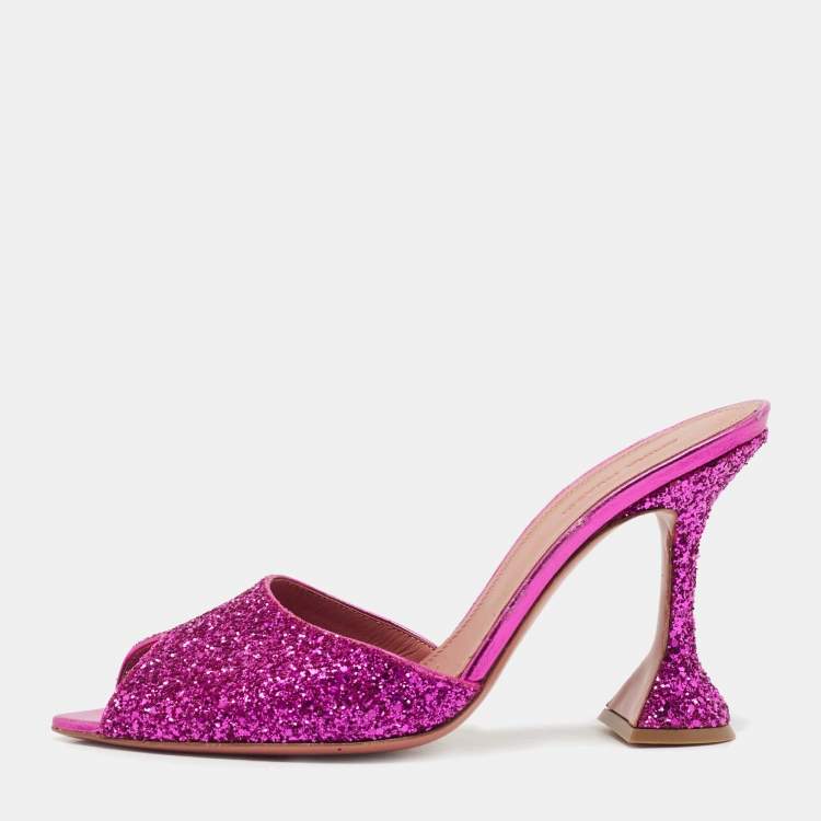 Pre Owned Amina Muaddi Purple Coarse Glitter Caroline Slide Sandals Size 39
