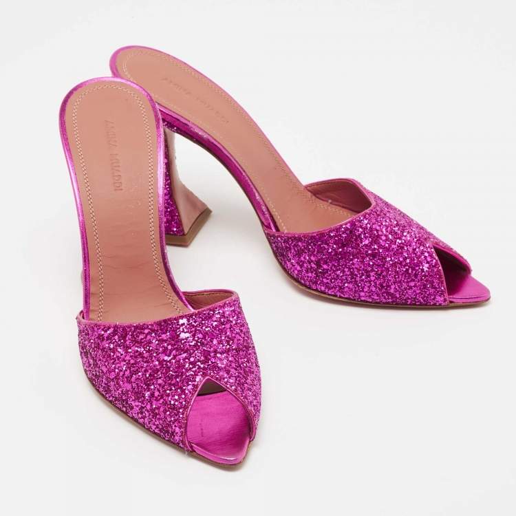 Pre Owned Amina Muaddi Purple Coarse Glitter Caroline Slide Sandals Size 39