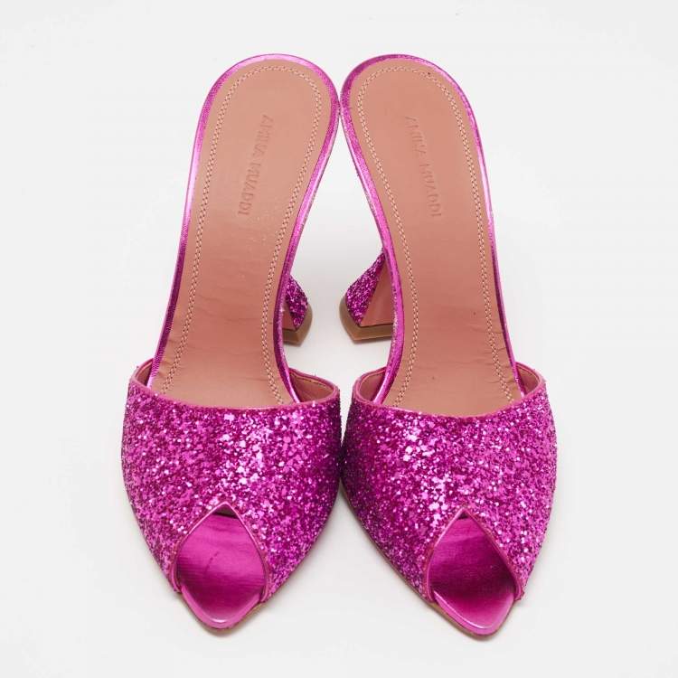 Pre Owned Amina Muaddi Purple Coarse Glitter Caroline Slide Sandals Size 39