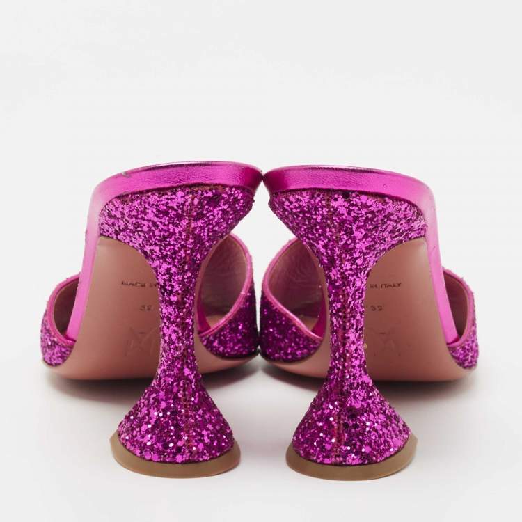 Pre Owned Amina Muaddi Purple Coarse Glitter Caroline Slide Sandals Size 39