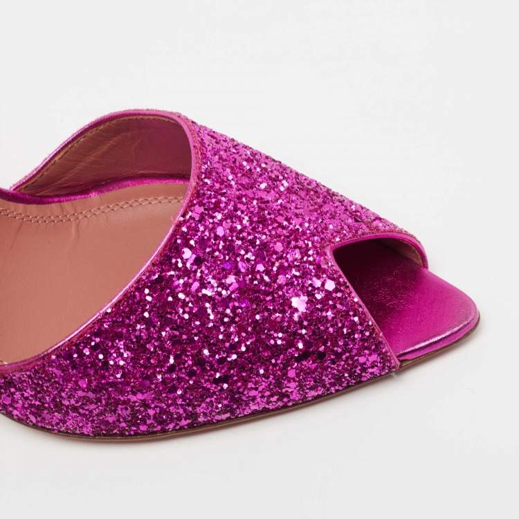 Pre Owned Amina Muaddi Purple Coarse Glitter Caroline Slide Sandals Size 39