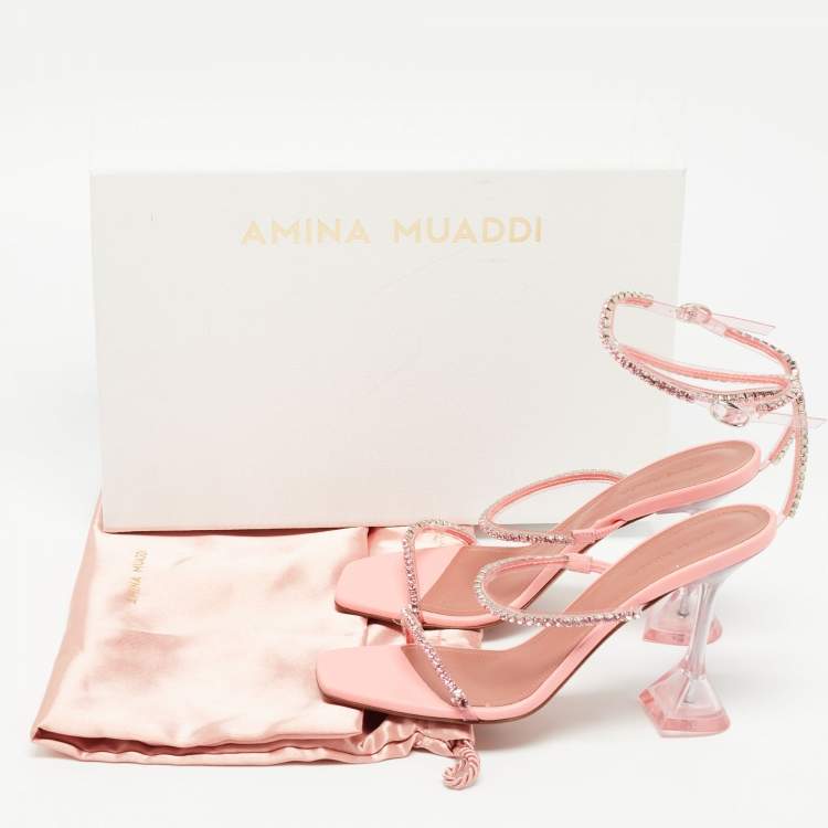 Pre Owned Amina Muaddi Pink Leather Gilda Crystal-Embellished Ankle Strap Sandals Size 37