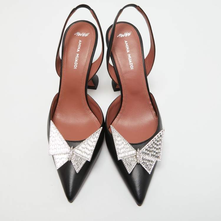 Pre Owned Amina Muaddi Black Leather Awge Phoenix Slingback Pumps Size 38