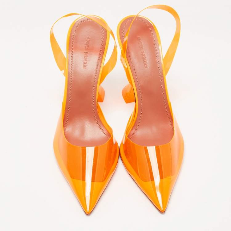 Pre Owned Amina Muaddi Orange PVC Holli Glass Slingback Pumps Size 40.5