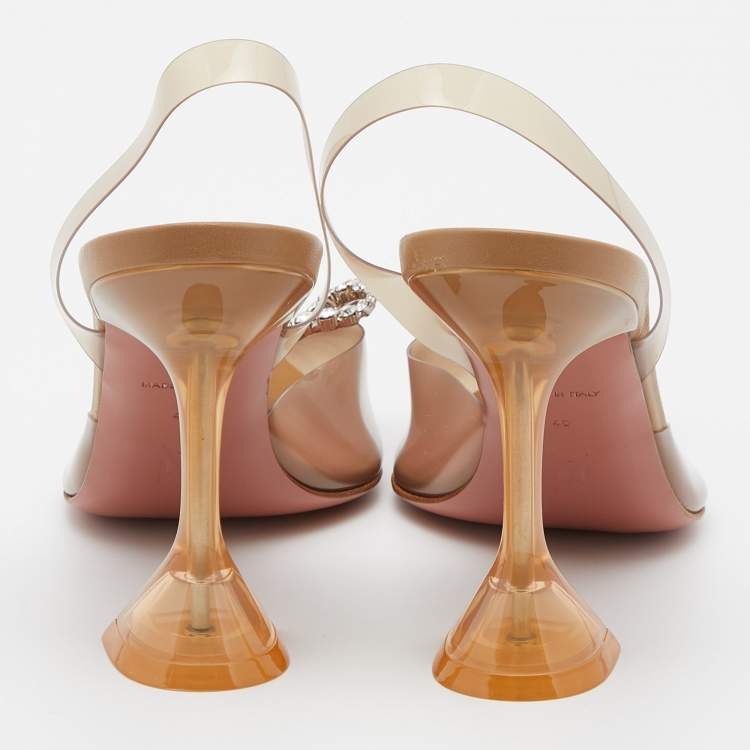 Pre Owned Amina Muaddi Brown PVC Rosie Crystal Embellished Slingback Pumps Size 40