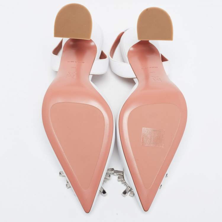Pre Owned Amina Muaddi White Leather Begum Crystal Embellished Slingback Pumps Size 38.5